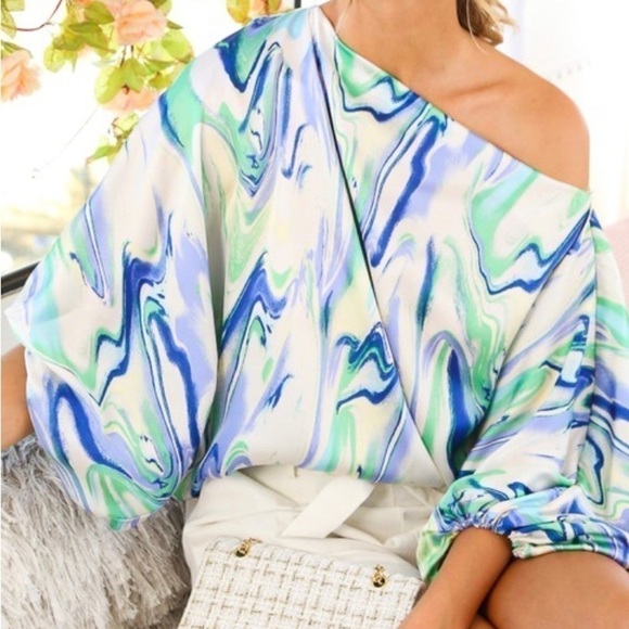 Tops - Satin boatneck dolman puff sleeve blouse blue and green marble print